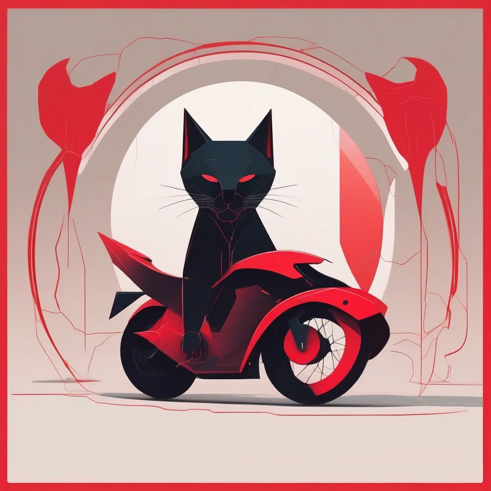 A black geometric cat with red eyes sitting on a red sport motorcycle